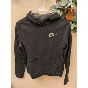 Nike Sportswear Pullover Hoodie Black Grey Fleece Logo kids large L